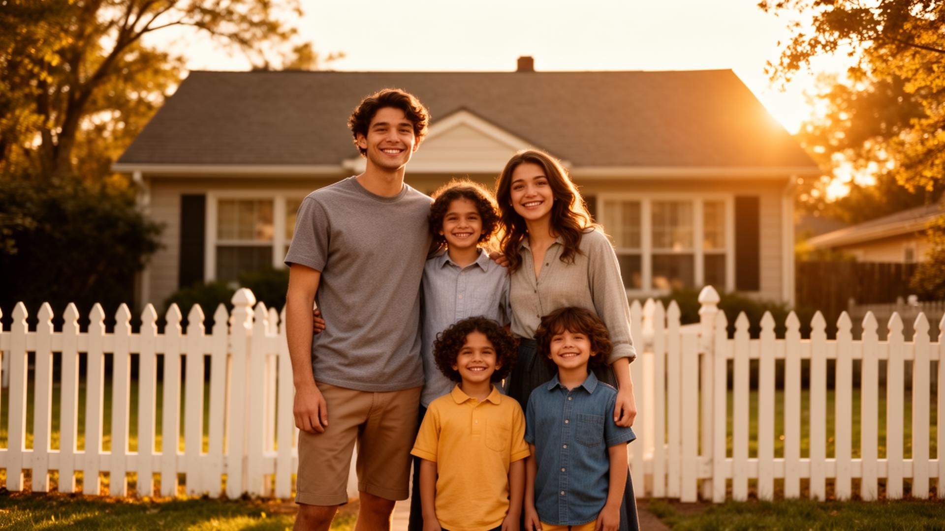 A young family standing in front of their home with a white picket fence